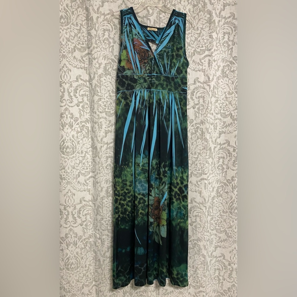 B Friends Artsy Floral Rose Cheetah Stretch Maxi Dress Black Blue L